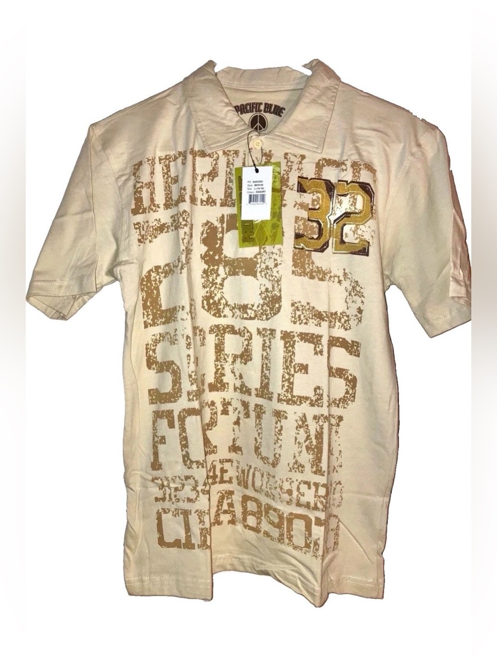 Pacific Blue Boys Graphic Print Polo Beige L Cotton Short Sleeve Streetwear Y2K